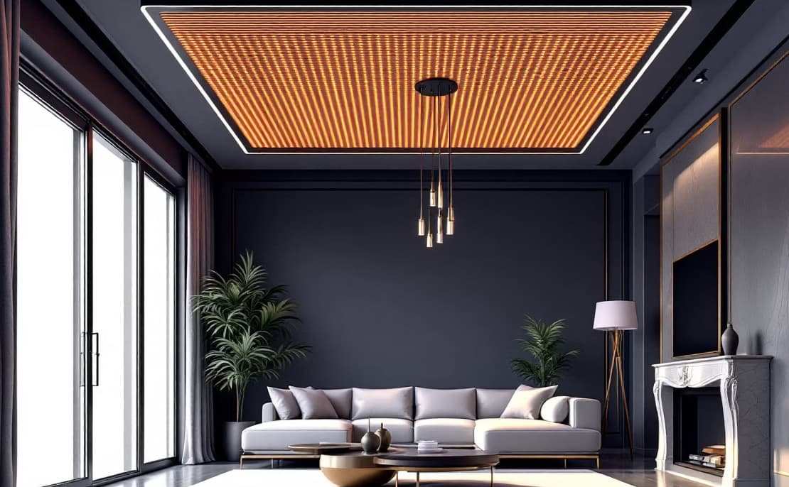 Soggiorno con sistema radiante Plafone integrato nel controsoffitto